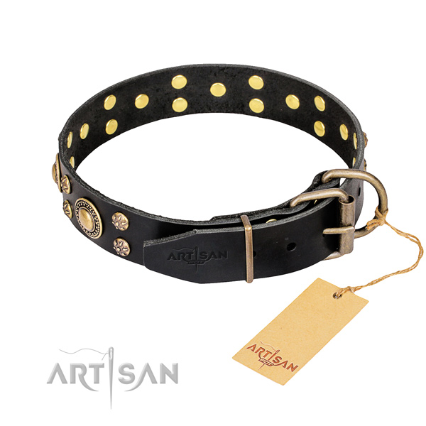 Daily use natural genuine leather collar with adornments for your doggie