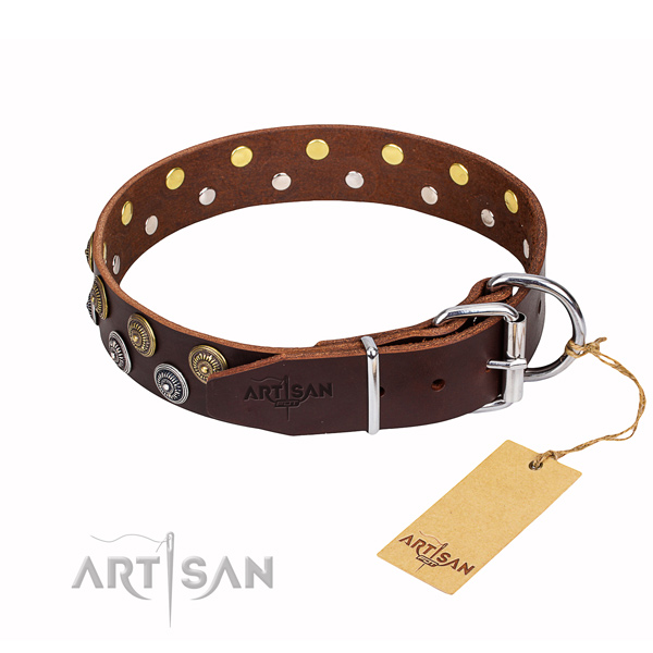 Handy use full grain leather collar with adornments for your pet