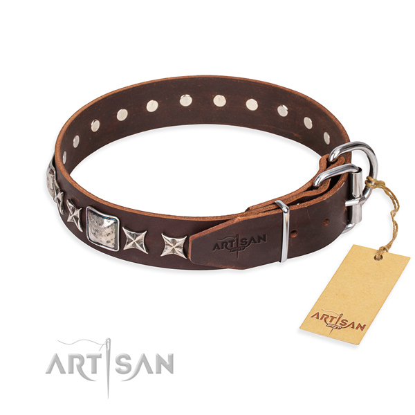 Everyday walking full grain genuine leather collar with decorations for your pet