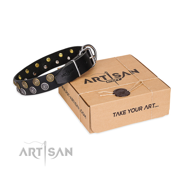 Full grain genuine leather dog collar with embellishments  for handy use