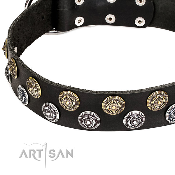 Natural genuine leather dog collar with exquisite  embellishments