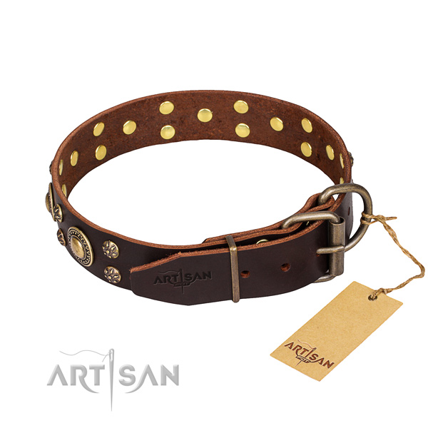 Everyday walking natural genuine leather collar with decorations for your pet