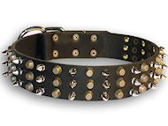 Rottweiler Leather dog collar with 3spikes+3old brass pyramids
