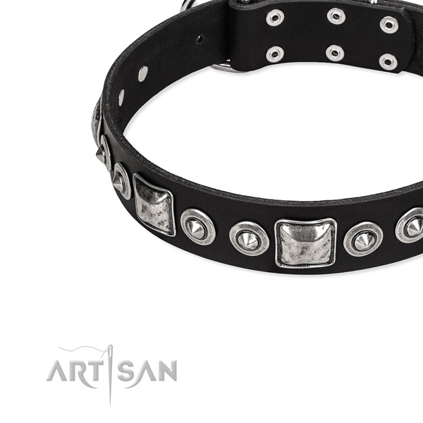 Genuine leather dog collar made of high quality material with embellishments