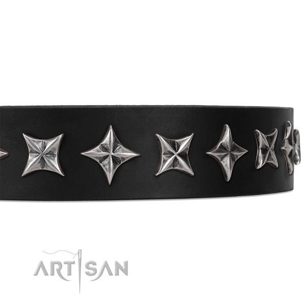 Comfy wearing embellished dog collar of best quality full grain leather