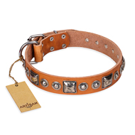 "Era of Future" FDT Artisan Handcrafted Tan Leather Rottweiler Collar with Decorations "Era of Future" FDT Artisan Handcrafted Tan Leather Rottweiler Collar with Decorations