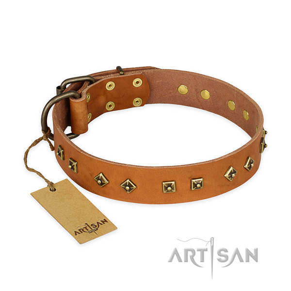 Convenient full grain natural leather dog collar with durable hardware