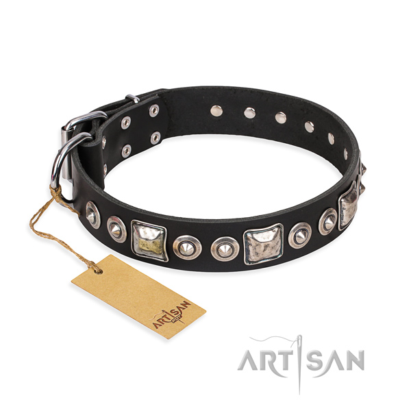 Natural genuine leather dog collar made of flexible material with reliable hardware