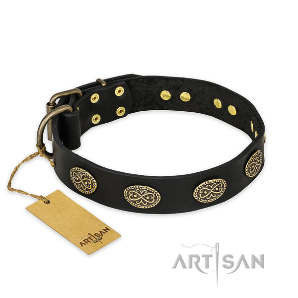 Studded natural genuine leather dog collar with corrosion proof hardware