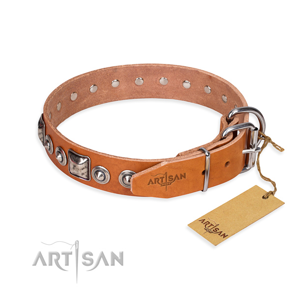 Full grain genuine leather dog collar made of soft material with corrosion proof decorations