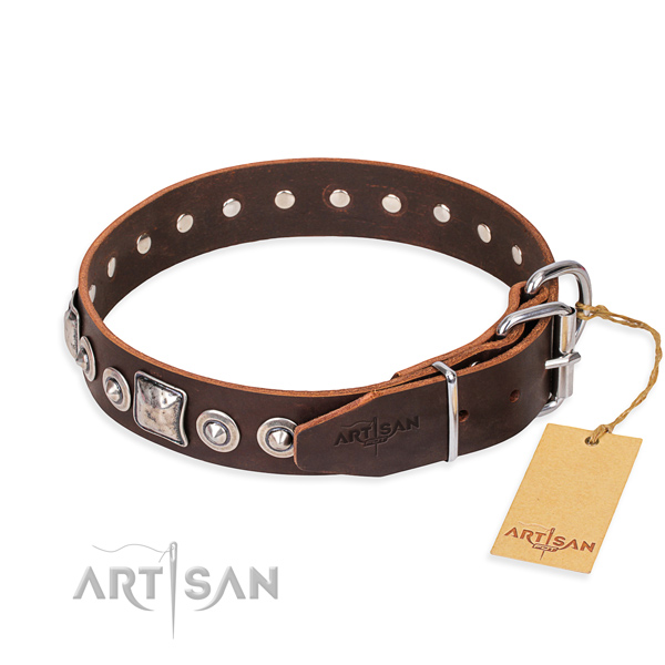 Natural genuine leather dog collar made of top notch material with corrosion proof embellishments