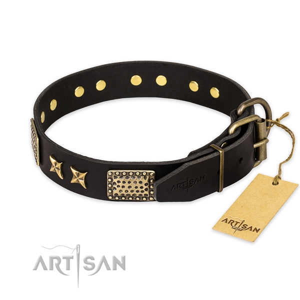 Strong traditional buckle on natural genuine leather collar for your stylish canine