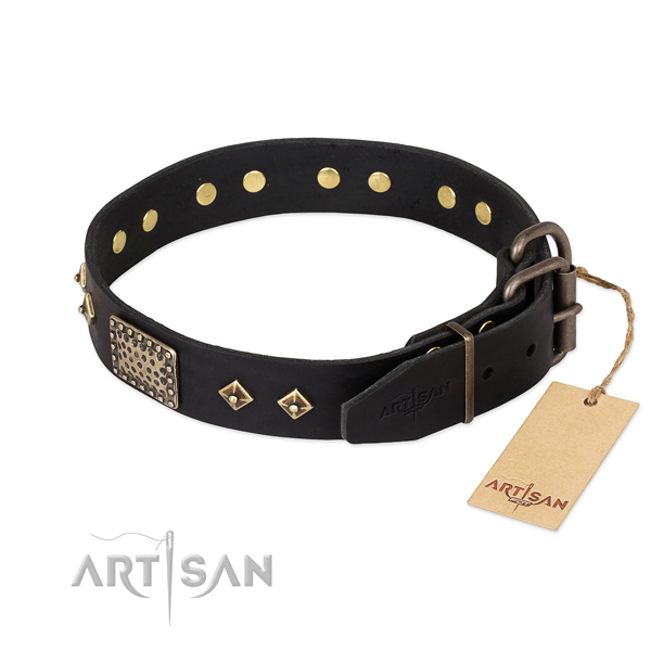 Full grain natural leather dog collar with durable D-ring and decorations