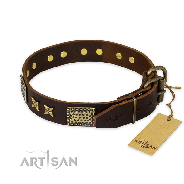 Durable D-ring on genuine leather collar for your handsome dog