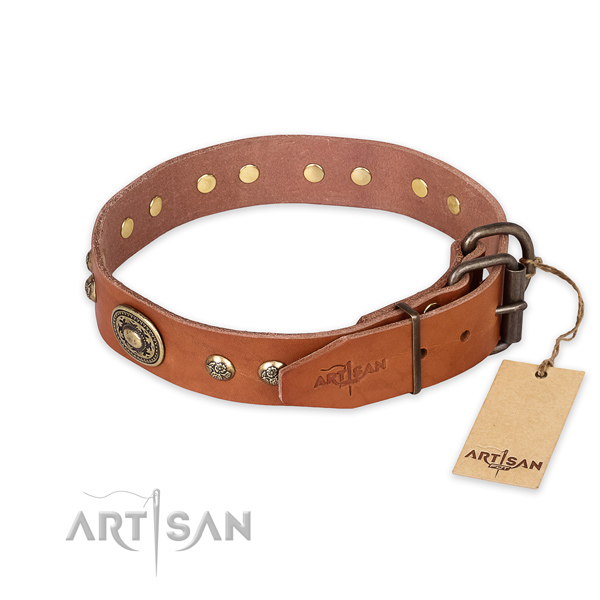 Corrosion resistant D-ring on natural leather collar for daily walking your doggie