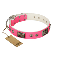 "Fashion Skulls" FDT Artisan Pink Leather Rottweiler Collar with Old Silver Look Plates and Skulls "Fashion Skulls" FDT Artisan Pink Leather Rottweiler Collar with Old Silver Look Plates and Skulls