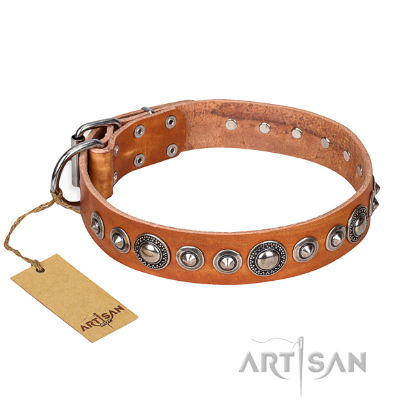 Full grain natural leather dog collar made of gentle to touch material with corrosion resistant buckle