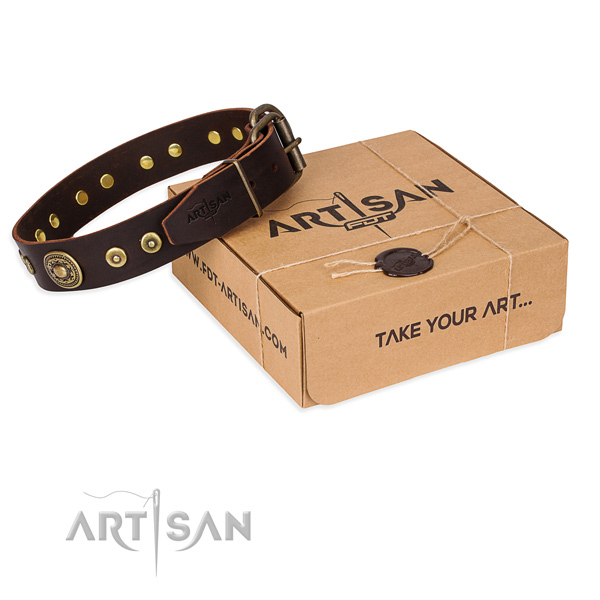 Full grain genuine leather dog collar made of reliable material with rust resistant fittings