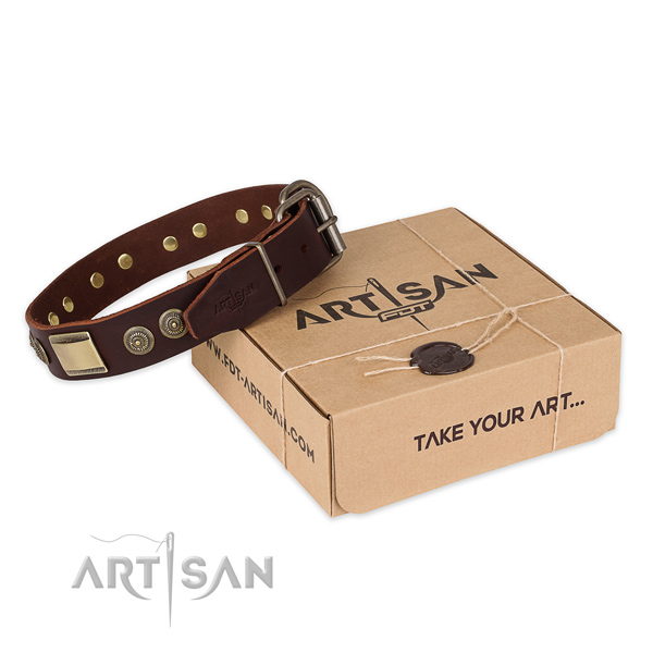 Corrosion proof buckle on leather dog collar for comfortable wearing