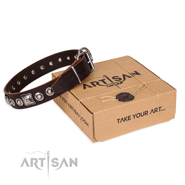Genuine leather dog collar made of gentle to touch material with reliable traditional buckle