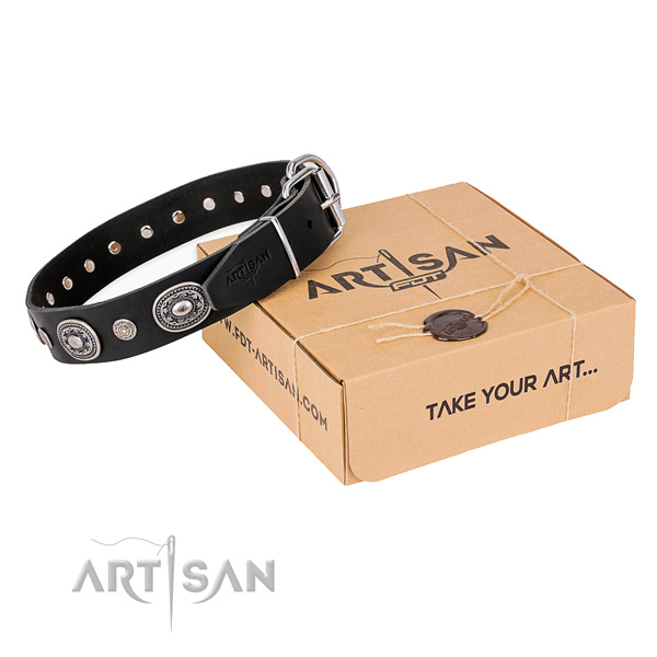 Flexible natural genuine leather dog collar made for handy use