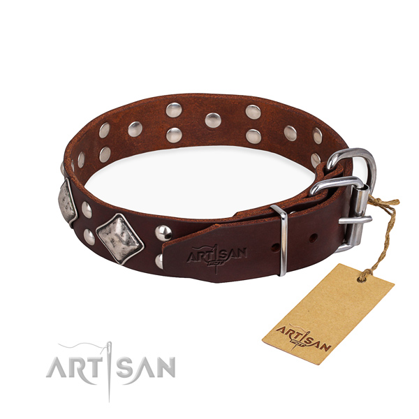 Full grain leather dog collar with impressive rust-proof embellishments