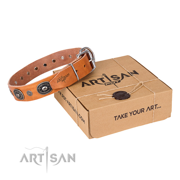 Soft natural genuine leather dog collar created for comfy wearing