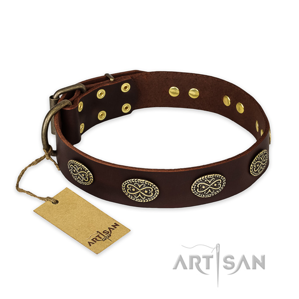 Stunning natural genuine leather dog collar with reliable D-ring