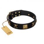 "Welcome on Board" FDT Artisan Black Leather Rottweiler Collar with Skulls and Crossbones Combined with Squares