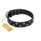 "Power-Flower" FDT Artisan Black Leather Rottweiler Collar with Two Rows of Silver-like Studs with Engraved Flowers