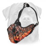 Rottweiler Hand Painted Leather Muzzle-Fire Flames Dyed Heavy Duty Dog Muzzle