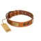 "Bronze Century" FDT Artisan Tan Leather Rottweiler Collar with Plates and Brooches with Cool Ornament