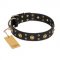 "Cosmic Glow" FDT Artisan Black Leather Rottweiler Collar with Brass-Plated Studs