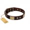 "Middle Age" FDT Artisan Brown Leather Rottweiler Collar with Old Bronze-Plated Engraved Flowers and Large Plates
