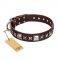 'Perfect Impression' FDT Artisan Rottweiler Brown Leather Dog Collar with Silvery Square Studs - 1 1/2 inch (40 mm) Wide