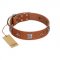 "Lucky Star" FDT Artisan Tan Leather Rottweiler Collar with Silver-Like Embellishments