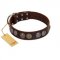 "Treasure Hunter" FDT Artisan Brown Leather Rottweiler Collar with Old-Bronze-like and Silvery Medallions