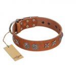 "Brave Spirit" Handmade FDT Artisan Designer Tan Leather Rottweiler Collar with Shields