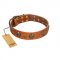 "Rockstar" FDT Artisan Tan Leather Rottweiler Collar with Engraved Studs and Medallions