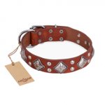 "Magic Squares" FDT Artisan Tan Leather Rottweiler Collar with Silver-like Decor