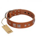 "Egyptian Gifts" Handmade FDT Artisan Tan Leather Rottweiler Collar with Chrome-plated Pyramids