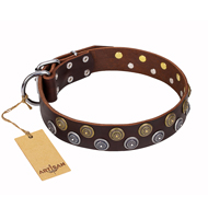 'Strong Shields' FDT Artisan Brown Leather Rottweiler Collar - 1 1/2 inch (40 mm) wide