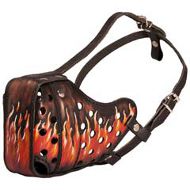 Rottweiler Hand Painted Leather Muzzle-Fire Flames Dyed Heavy Duty Dog Muzzle