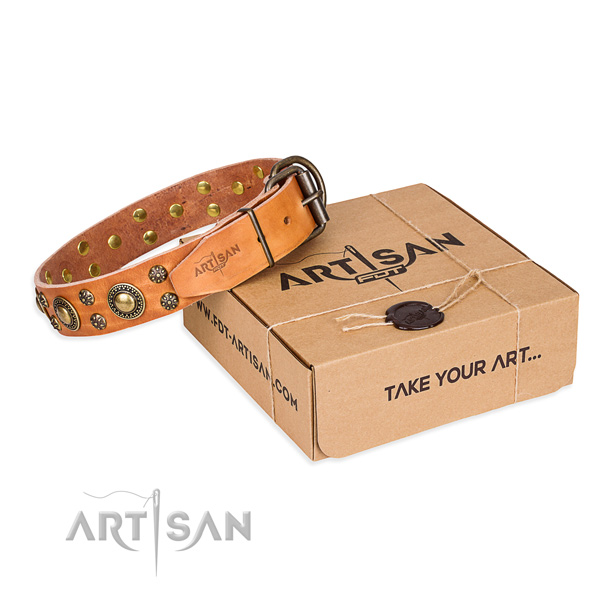 Natural genuine leather dog collar with decorations for stylish walking