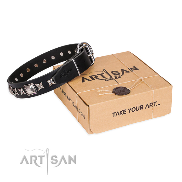 Decorated full grain natural leather dog collar for handy use