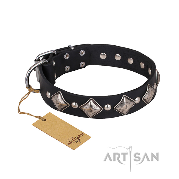 Full grain genuine leather dog collar with worked out leather strap