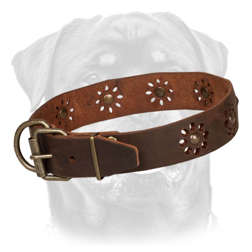 Leather Dog Collar with Flower Decor