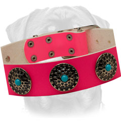 Blue stones and large conchos against pink leather