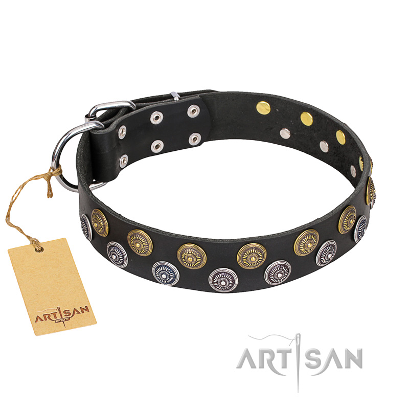 "Romantic Breeze" FDT Artisan Black Leather Rottweiler Collar with Elegant Circles