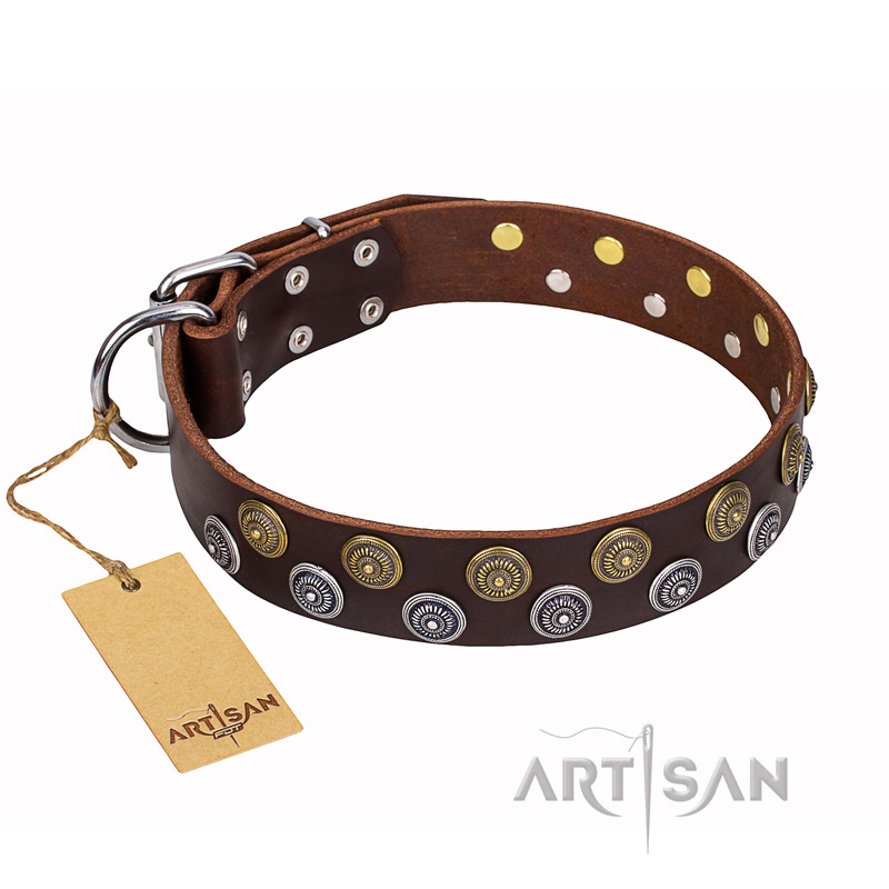 'Strong Shields' FDT Artisan Brown Leather Rottweiler Collar - 1 1/2 inch (40 mm) wide